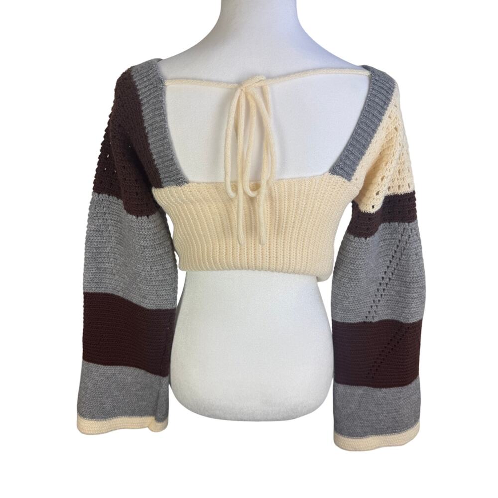 Womens Square Neck Long Bell Sleeve Color Block Sweater Crochet Knit Crop Top - Picture 2 of 8